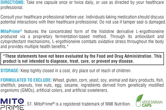 XYMOGEN MitoPrime - Fermentation-Based L Ergothioneine - Antioxidant Supplement to Support Brain Health + Already-Healthy Glutathione Levels in The Body (30 Capsules)