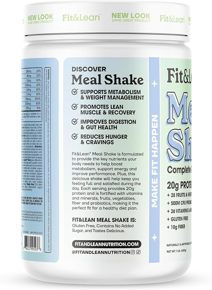 Fit & Lean Meal Shake, Fat Burning Meal Replacement, Protein, Fiber, Probiotics, Chocolate, 1lb, 10 Servings Per Container