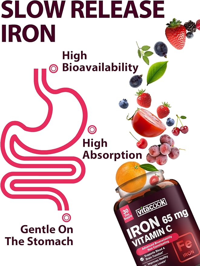 Iron Supplement for Women Men | High Potency Iron 65mg with Vitamin C 250mg | Stomach Friendly Iron Pills for Red Blood Cell & Immune Support | Vegan, Non-GMO & Gluten Free | 30 Tabs