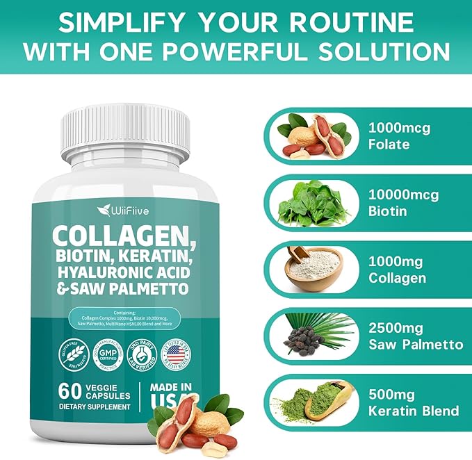 Collagen 1000 mg Biotin 10000 mcg Kerarin Blend 500mg Saw Palmetto 2500mg Folate 1000 mcg with Hyaluronic Acid Vitamin C E Paba Keratin MSM Quercetin Mineral Supplements, 60 Capsules