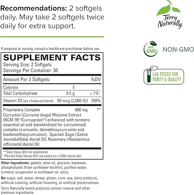 Terry Naturally CuraMed Brain - 60 Softgels - with BCM-95 Curcumin, Vitamin D3, Rosemary & Sage - Non-GMO, Gluten Free - 30 Servings
