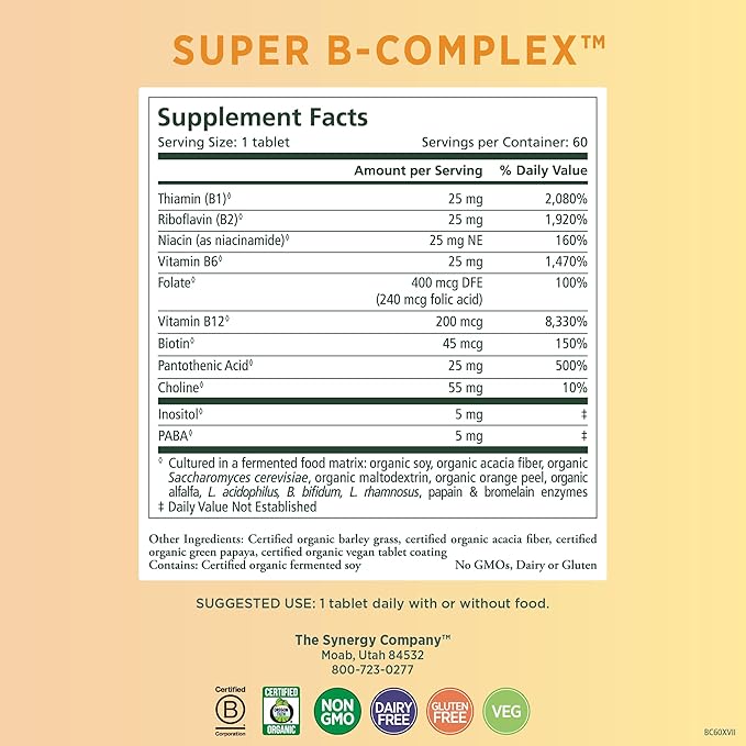 PURE SYNERGY Super B-Complex | Vitamin B Complex Made with Organic Whole Foods | Vegan Supplement with Natural Vitamin B12, Niacin, and Folate | for Energy, Focus and Mood Support (60 Tablets)