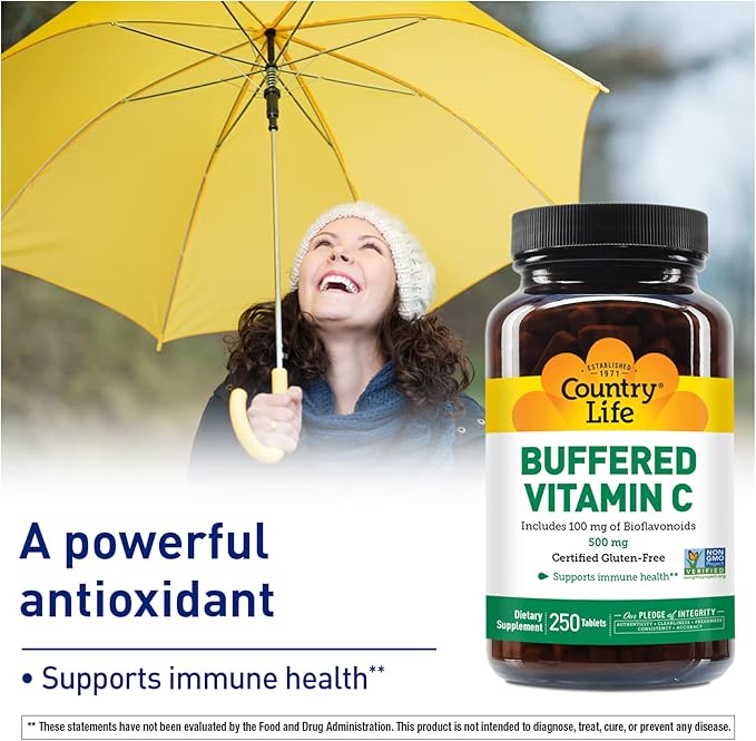 Country Life Vitamin C Buffered with Bioflavonoids, 500mg, 250 Tablets, Certified Gluten Free, Certified Vegan