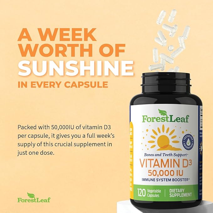 ForestLeaf - Vitamin D3 IU Weekly Supplement - Vitamin D Capsules for Bones, Teeth, and Immune Support - Easy Swallow Pure Vitamin D3 Caps (50,000 IU - 120 Count - 2 Pack)