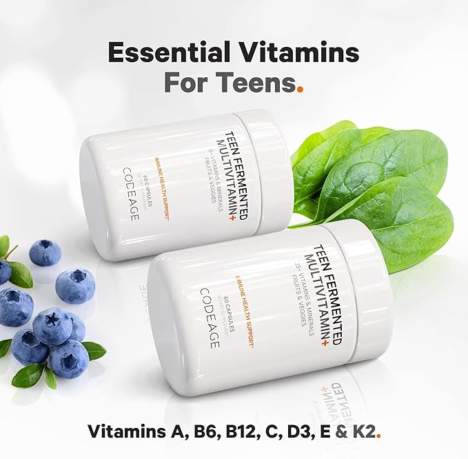 Codeage Teen’s Daily Multivitamin Supplement, 25+ Vitamins & Minerals for Teenage Boys & Girls, Organic Whole Foods Vitamins for Teenagers, Vitamin A, B Vitamins, Vitamin C, D, E, K, Omega-3, 2 Pack