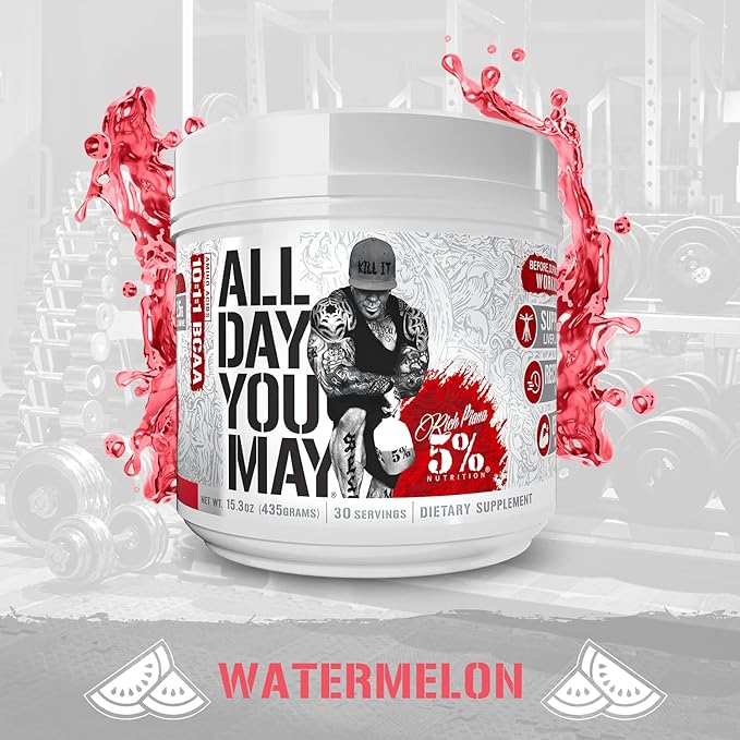 5% Nutrition Rich Piana AllDayYouMay BCAA Powder | Premium Intra & Post Workout Amino Acids, Hydration, Endurance, Muscle Recovery, Joint & Liver Support | 15.3 oz, 30 Servings (Watermelon)