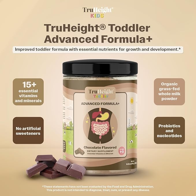 TruHeight Toddler Advanced Formula+ (Chocolate) 16 Vitamins Including Protein, Vitamin C, D, & Iron for 1, 2, 3 Years Old, Pediatric Endorsed Nutritional Drink, Toddler Complete Nutrition 12-36 Months