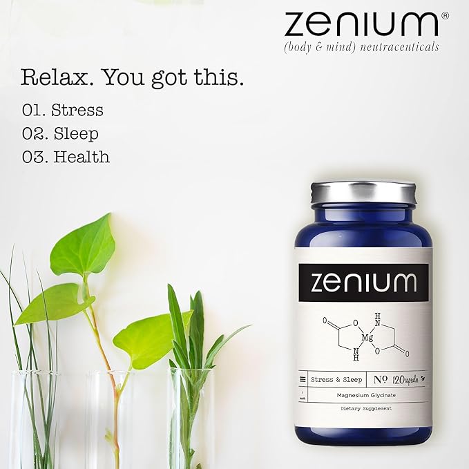Zenium - Magnesium Glycinate 600 mg per Serving, 120 Capsules | Relieve Stress, Tension, Worry, Nervousness, & Irritability | Calm The Mind & Body | Ayurvedic | Natural Relief Supplement
