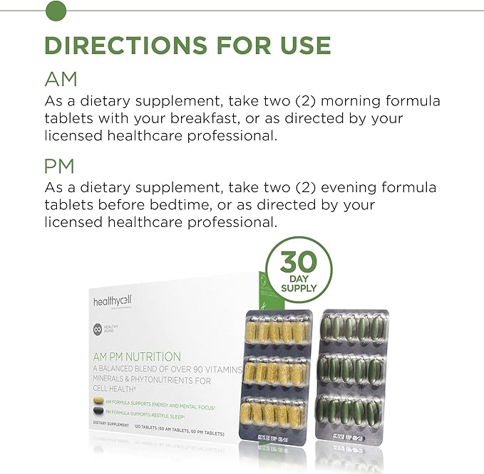 Healthycell AM PM, Natural AntiAging Multivitamin for Men, Women, Supports Cell Health, Stem Cells, Energy, Sleep, with Vegetarian Whole Food Vitamins, Antioxidants, Probiotics (30 Servings)