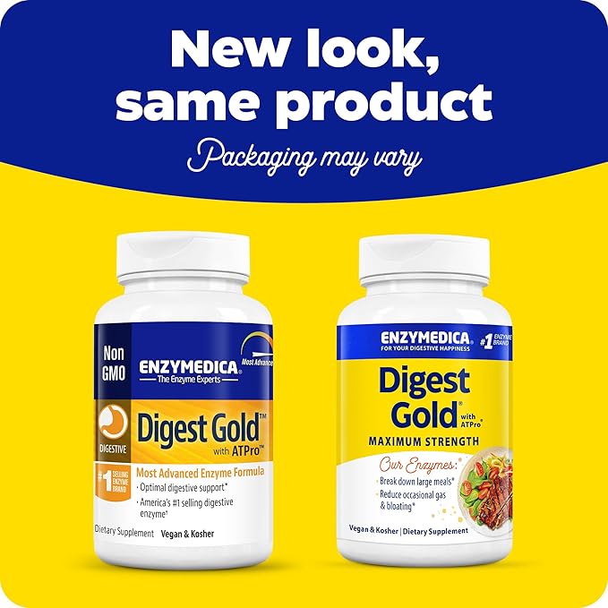 Enzymedica Digest Gold + ATPro, Maximum Strength Digestive Enzymes, Helps Digest Large Meals for Instant Bloating Relief, 180 Count