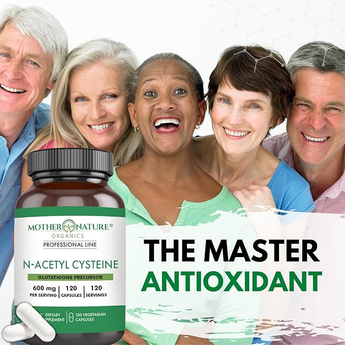 Mother Nature N-Acetyl-L-Cysteine, NAC 600 mg for Glutathione Production – Potent Antioxidant for Liver & Immune Support, Respiratory and Heart Health, 120 Capsules