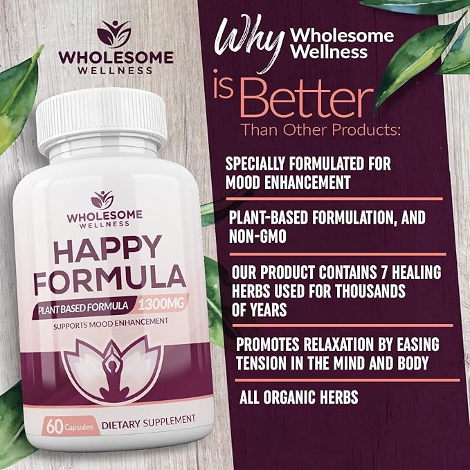 Wholesome Wellness Happy Formula Natural Formula Relief Supplement for Women & Men | 60 Capsules