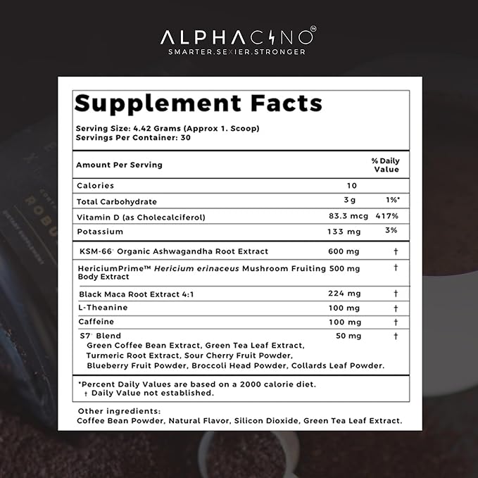 Alphacino Apex - Instant Coffee Powder for the Robust Vigorous Men - Muscle Growth, Sharp Focus, Enhanced Stamina - Ashwagandha KSM-66, Lion’s Mane Mushroom, Black Maca Extract, S7-30SV (4.68 oz)