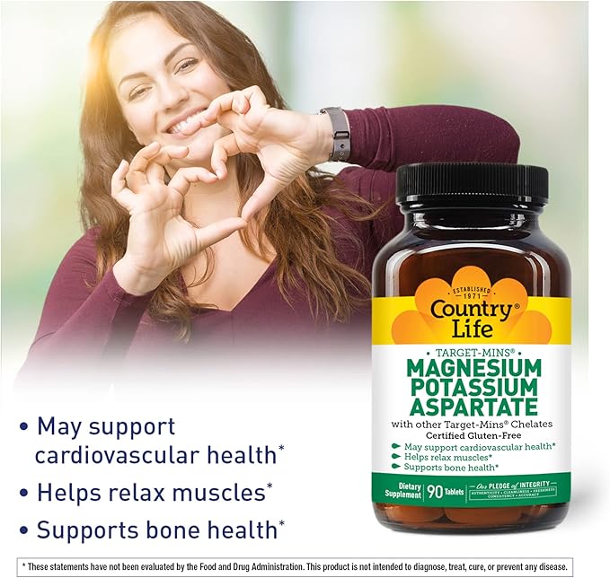 Country Life Target-Mins Magnesium Potassium Aspartate, 600mg/198mg, 90 Tablets, Certified Gluten Free, Certified Vegan