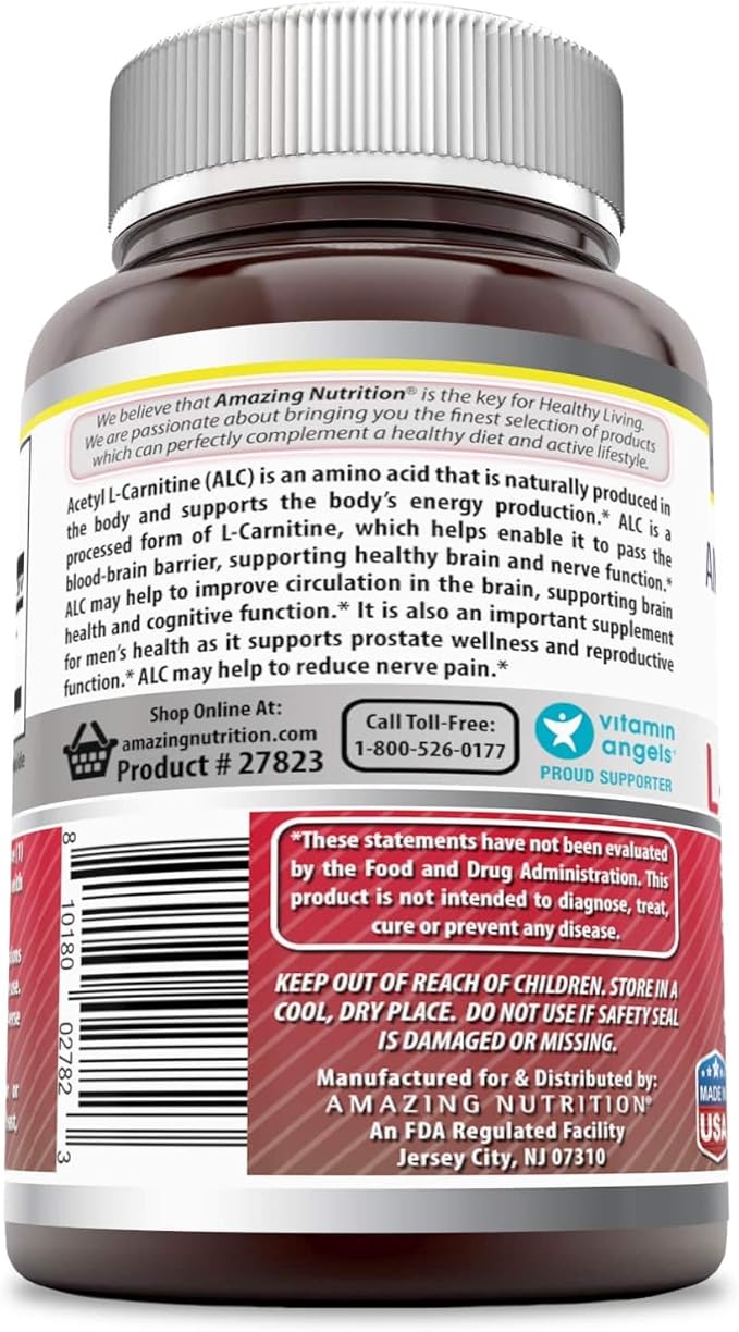 Amazing Formulas Acetyl L-Carnitine Hcl Veggie Dietary Supplement - 500 Mg, Veggie Capsules (Non GMO,Gluten Free) Per Bottle - Promotes Energy Production & Cognitive Function (60 Count)