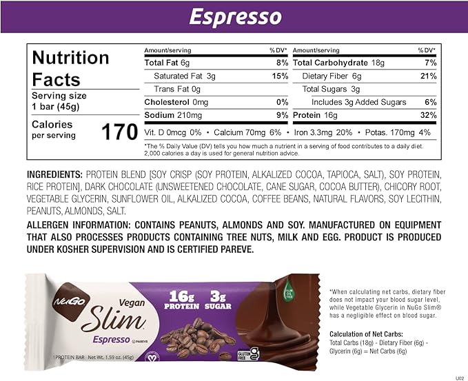 Nugo Slim Dark Chocolate Espresso, 16g Vegan Protein, 3g Sugar, 7g Fiber, Low Net Carb, Keto Friendly, Gluten Free, 24 Count