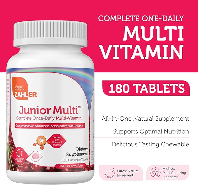 Zahler Kids Multivitamin Chewable Vitamin Tablet - Complete One Daily Kids Vitamins Supplement - Contains 20+ Minerals & Vitamins for Kids & Toddlers - Kosher Multivitamins Cherry Flavor (180)