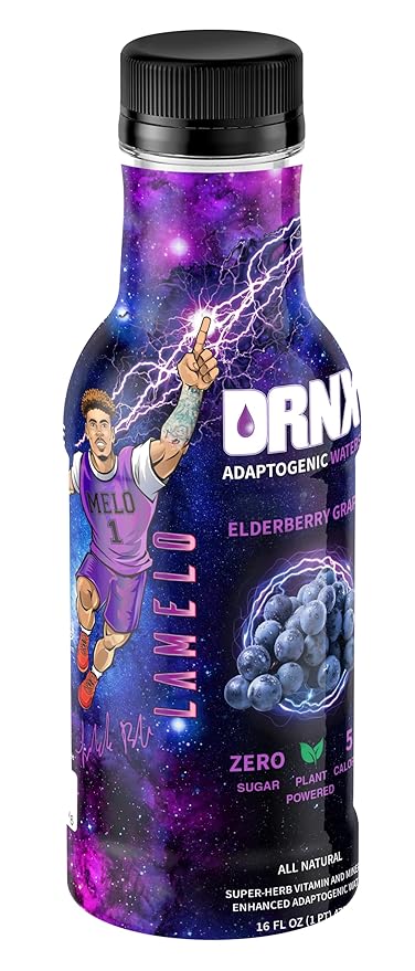 DRNX 12 Pack Adaptogenic Waters Complete Hydration Enhanced Beverage - Zero Sugar - 5 Calories - Super Herbs, B & D Vitamins, Antioxidants, Keto Friendly, All Natural (Elderberry Grape)