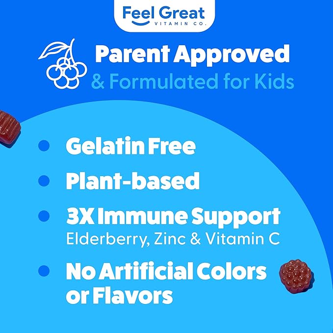 Feel Great Kids Elderberry Gummies with Zinc and Vitamin C | Kids Immune Support Sambucus Elderberry Gummies | Berry Flavored Vegan Kids Multivitamins | 90 Day Supply
