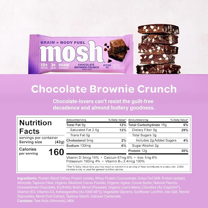 MOSH Chocolate Brownie Keto Protein Bars, High Fiber, Low Carb, Gluten Free, High Protein, Brain Healthy Snack, 12 Count