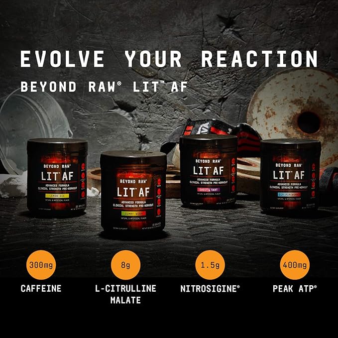 BEYOND RAW LIT AF | Advanced Formula Clinical Strength Pre-Workout Powder | Contains Caffeine, L-Citruline, and Nitrosigine | Gummy Worm | 20 Servings
