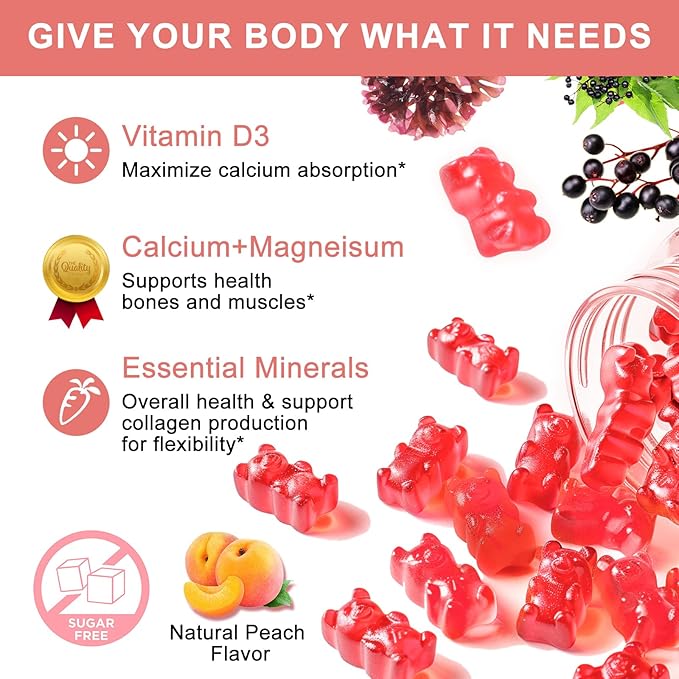1200mg Calcium Gummies with D3,K2,Zinc - Plant Complex Calcium Magnesium Supplement with Glycinate,Potassium,Vitamin C &Whole Natural Food for Bone & Immune Support- 60 Chewable Gummy Sugar-Free