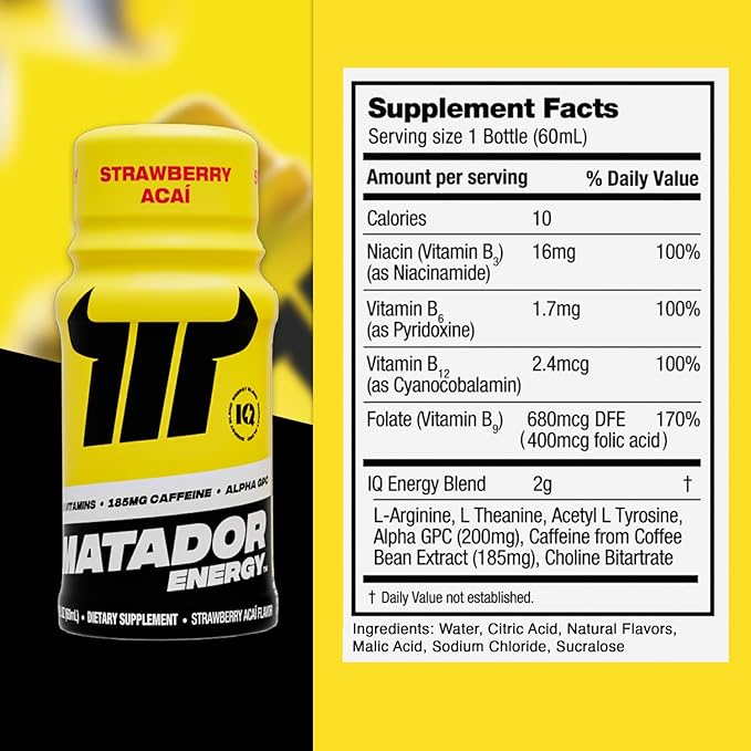 MATADOR Energy Shots - Strawberry Acai 24 Bulk Pack - Sugar Free Nootropic Natural Caffeine Energy Shot Bottles, B Vitamin Complex (Vitamin B3 & B12), 200 MG of Alpha GPC Enhancing Cognitive Function