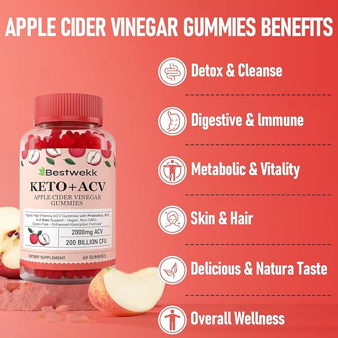 Apple Cider Vinegar Gummies, Max Strength 2000mg ACV Gummies with Probiotics, B12 and Keto Support, For Digestion, Metabolism, Detox, Gut & Immune Health, Gelatin-Free, Vegan & Non-GMO, 120 Gummies