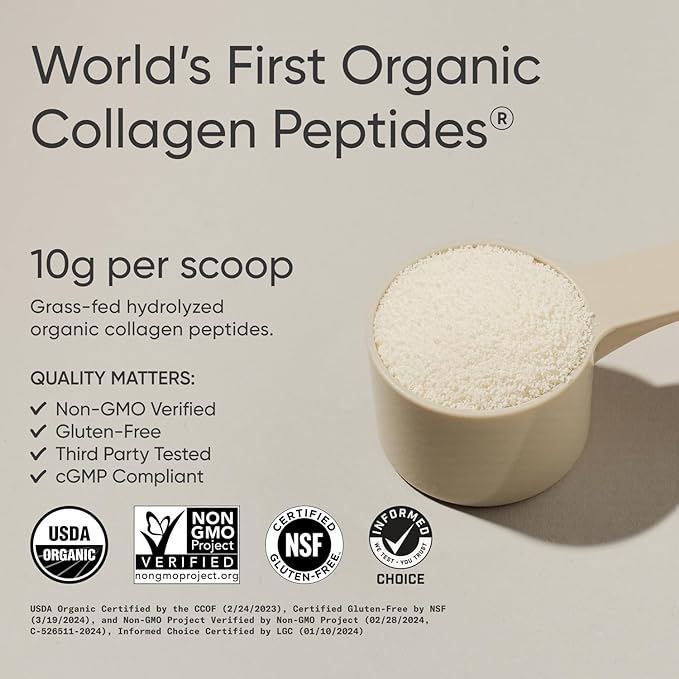 Sports Research® Organic Collagen Peptides - Hydrolyzed Type I & III Collagen Protein Powder Made Sustainably from Grass-Fed Cows - Unflavored - 30 Servings