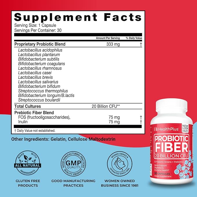 Health Plus Probiotic Fiber - Dietary Supplement, Detox, 30 Capsules, 30 Servings