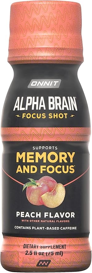 ONNIT Alpha Brain Focus Energy Shot Supplement - Energy, Focus, Mood, Stress, Brain Booster Drink - Peach (2.5 fl oz, 6 ct)