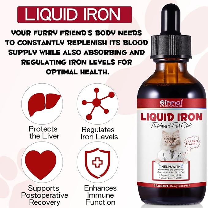 Liquid Iron for Cats, Liquid Iron Drops for Cats Supports Anemia, Low Enery Levels and Lethargy Cats- Improve Energy Levels & Vitality, Pet Supplies Cat Vitamin Supplement, Caramel Flavor - 2 fl.oz