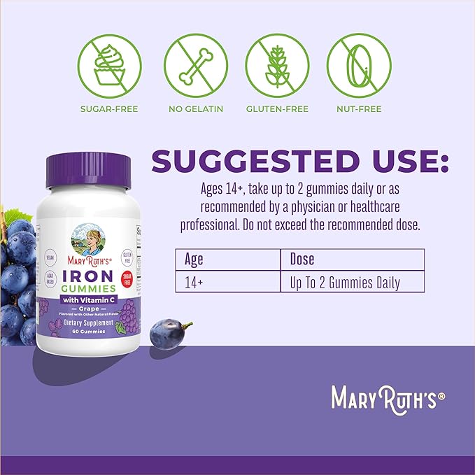 MaryRuth Organics Iron Suppleme nt Gummies for Adults | Sugar Free | Gummy Iron Supplements Vitamin C for Ages 14 | Iron Supplement for Iron Deficiency | Immune Support | Vegan | Non-GMO | 60 Count