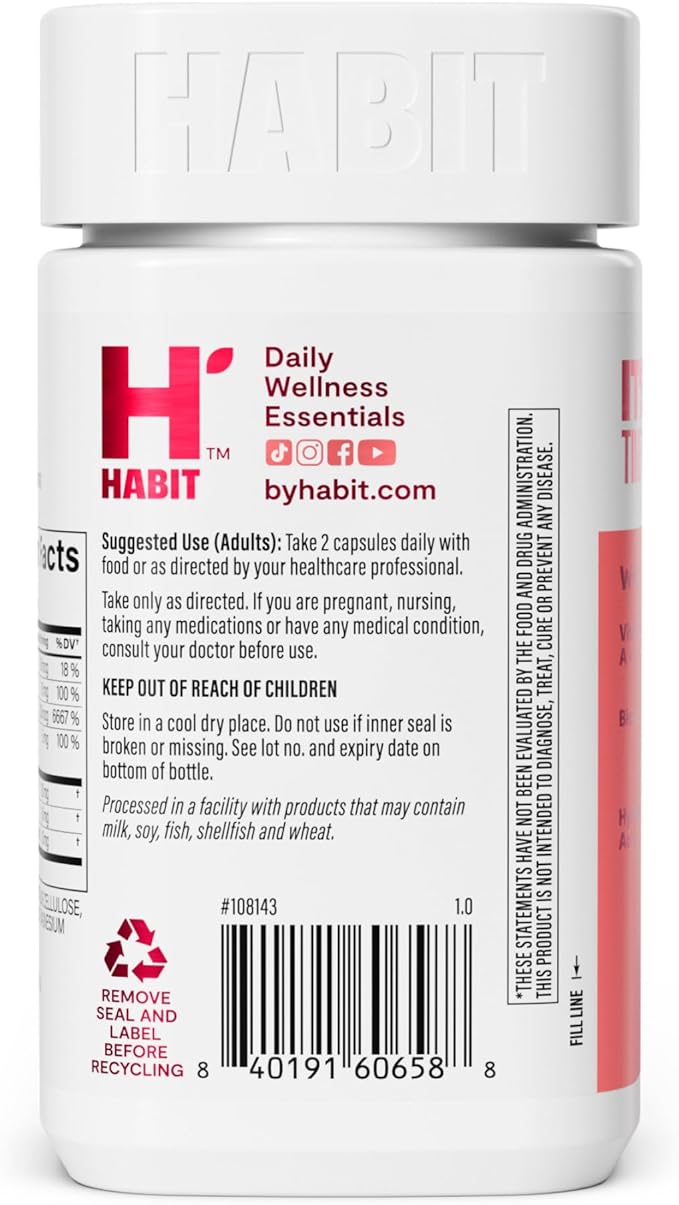 Habit Hair, Skin & Nails Supplement 2 Pack (120 Capsules) - New Look, Supports Skin Hydration, Hair & Nail Strength, Biotin 2000mcg, Vitamin A & C, Hyaluronic Acid, Rosehip, Vegan, Non-GMO