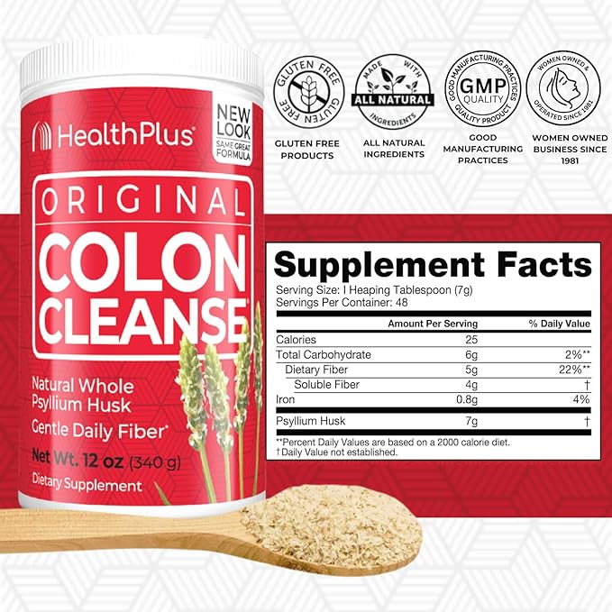 Health Plus Original Colon Cleanse, 12 oz Powder, 48 Servings - Natural Detox, Digestive Constipation Relief, Daily Fiber, Contains Psyllium Husk