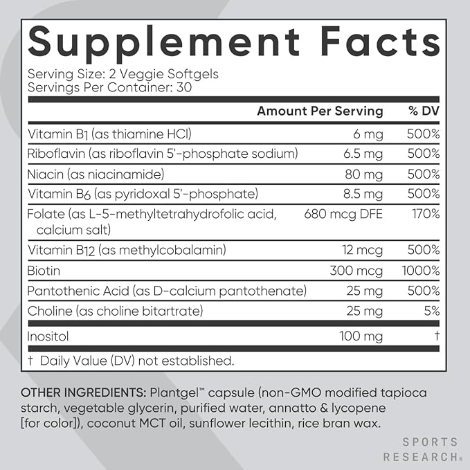 Sports Research Vitamin B-Complex - Full Spectrum of B Vitamins - Plant-Based Vegan-Friendly Formula - 60 Veggie Softgels