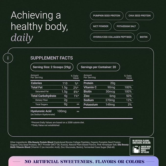 Naked Nutrition Ella Vanilla Collagen Protein Powder for Women - Daily Beauty Protein Powder with Grass-Fed Collagen Peptides - Non-GMO, Gluten-Free, No Artificial Sweeteners - 20 Servings