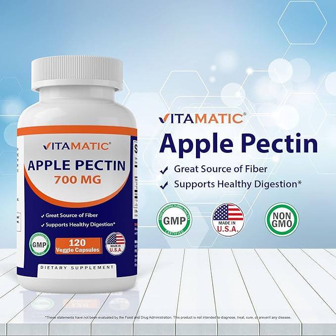 Vitamatic Apple Pectin 700 mg 120 Vegetarian Capsules - Dietary Fiber - Promotes Healthy Intestinal Health*