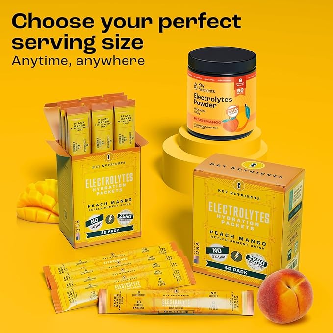 KEY NUTRIENTS Multivitamin Electrolytes Powder No Sugar - Tropical Peach Mango Electrolyte Powder - Endurance & Energy Supplement - Hydration Powder - No Calories - 90 Servings - Made in USA