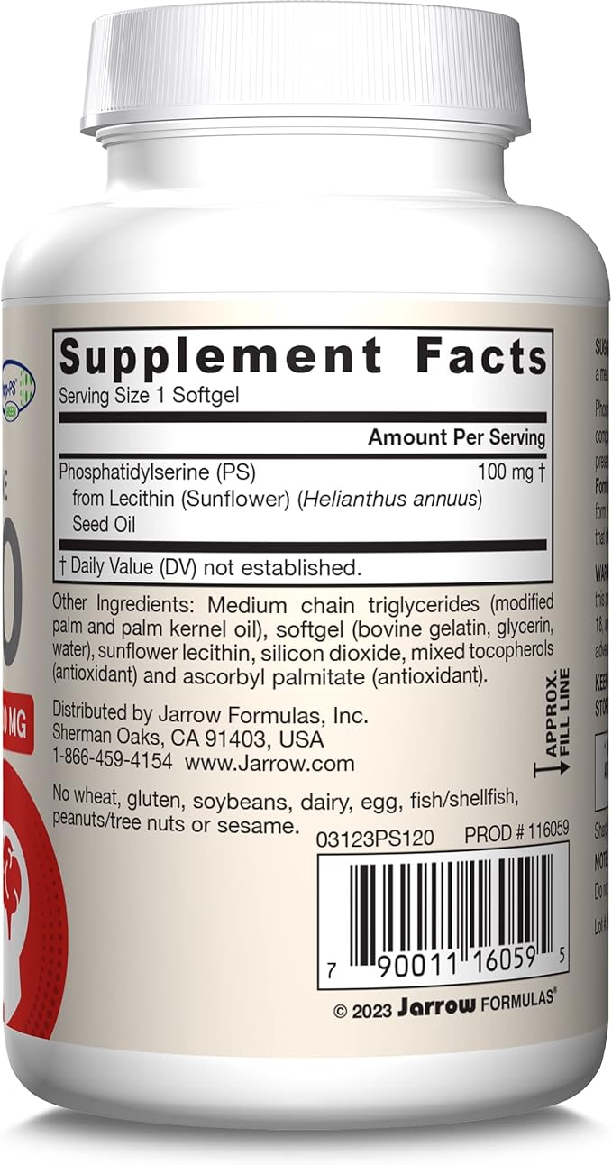 Jarrow Formulas PS100 Phosphatidylserine 100 mg, Dietary Supplement for Brain Health and Cognition Support, 120 Softgels, 40-120 Day Supply, Pack of 12