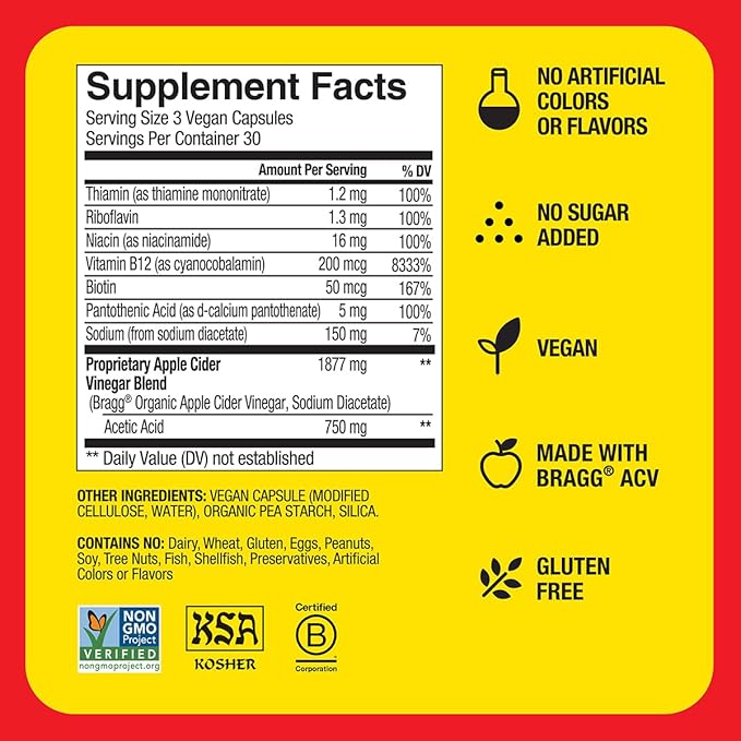 Bragg Energy Apple Cider Vinegar Capsules with B Vitamins - 90 Capsules - Helps Generate Energy at Cellular Level