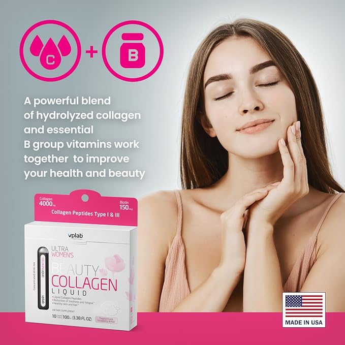 VPLab Ultra Women's Beauty Liquid Collagen - Biotin-Infused Multivitamin Complex with Peptides Type I & III Supplement for Skin, Hair & Nails - Drink Mix for Women Packed with Vitamin B Group,10