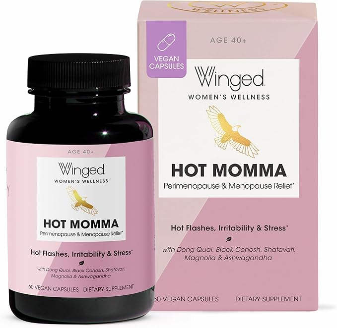 Winged Wellness Hot Momma | Menopause Capsules for Women | Hormone Balance, Hot Flashes, Night Sweats, Sleep, Mood & Bone Health | Chaste Tree, Dong Quai, Black Cohosh, Vitamins D & K-2 | 60ct