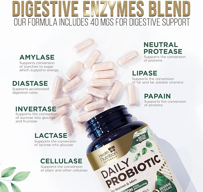 Daily Probiotic and Acidophilus Prebiotics Supplement 60 Billion CFU Capsule for Women & Men - 10 Strains Plus Digestive Enzymes - for Bloating Gas & Gut & Immune Health Support - 120 Capsules