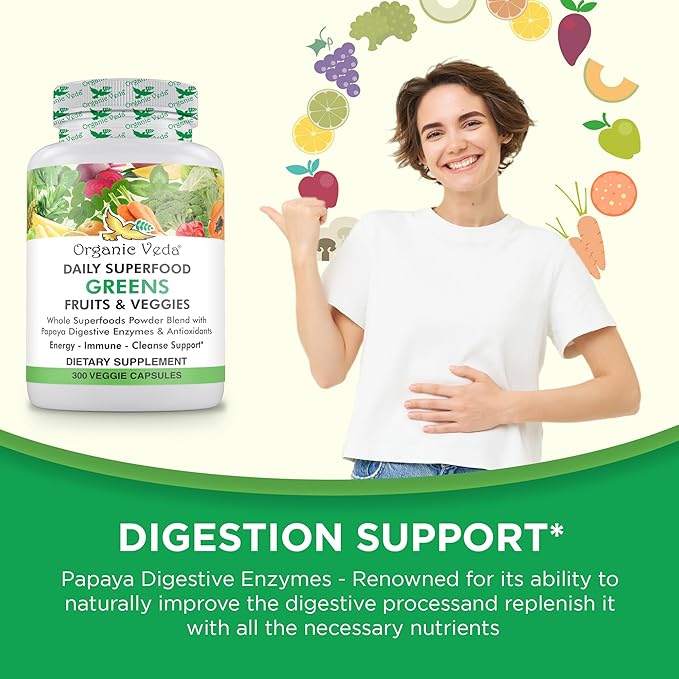 Organic Veda Superfood Greens Fruits & Vegetables 300 Capsules | 30 Daily Organic Fruits & Veggies with Chlorophyll, Papaya Enzymes, Acerola Vitamin C, Turmeric, Beet, Moringa, Green Tea Extract