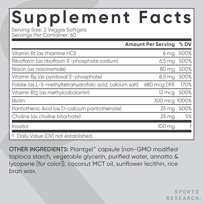 Sports Research Vitamin B-Complex - Full Spectrum of B Vitamins - Plant-Based Vegan-Friendly Formula - 120 Veggie Softgels