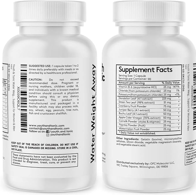 Youth & Tonic Natural Water Pills (90 Count) for Swelling Belly Bloating & Water Retention - Herbal Diuretic Supplement for Women & Men