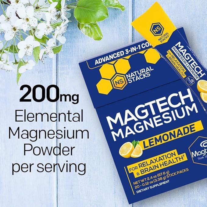MagTech Magnesium Lemonade Drink Mix - Chelated Magnesium Complex - 3 Forms of Magnesium: Magtein Magnesium L-Threonate, Glycinate & Taurate - Supports Relaxation & Brain Health*, 20 Stick Packs