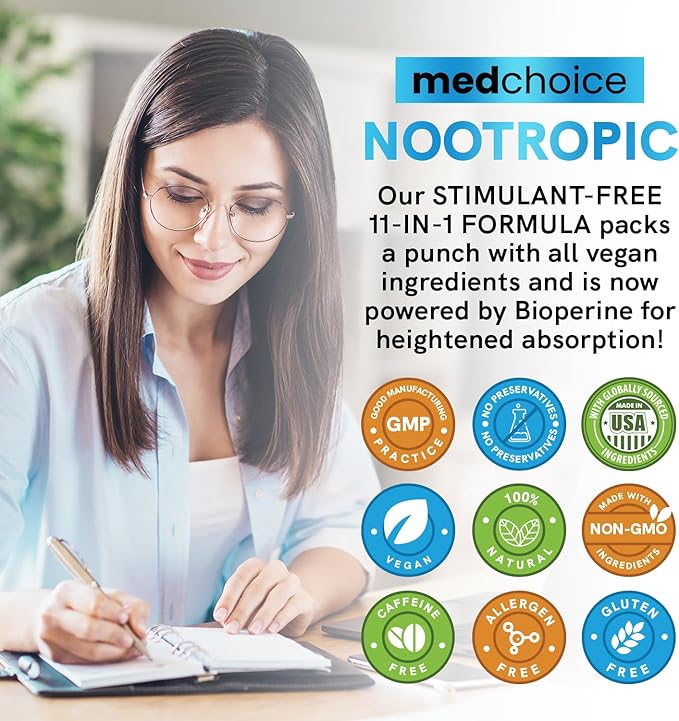 11-in-1 Nootropic Brain Supplements: Memory & Focus Supplement with Ginkgo Biloba, L Theanine, Bioperine, & Alpha GPC Choline - 1321mg, 60ct - Stimulant Free, Vegan - Focus Brain Support (1 pack)