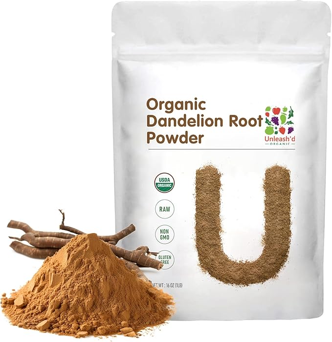 UNLEASH'D ORGANIC Organic Dandelion Root Powder 16 oz for Tea and Beverages Vegan Friendly Detoxifies and Supports Digestive Health